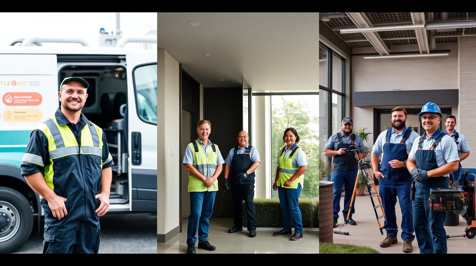 HVAC technician, commercial cleaning team, and landscaping crew — service business operators we help
