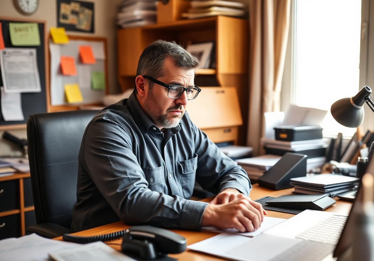 Service business owner overwhelmed at a cluttered desk with sticky notes, paper invoices, and a ringing phone