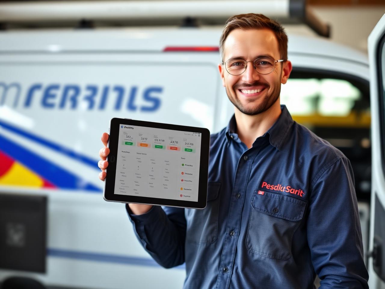 Confident service business owner holding a tablet with a CRM dashboard in front of a service van